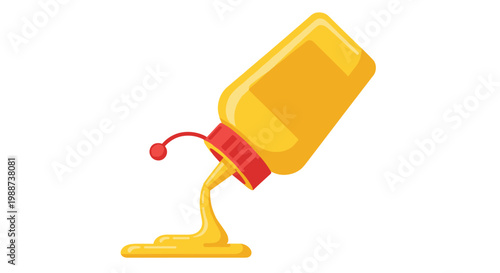 Bright yellow squeeze bottle of classic mustard is artfully tilted, releasing a luscious puddle of the popular condiment, ready for savory dishes.