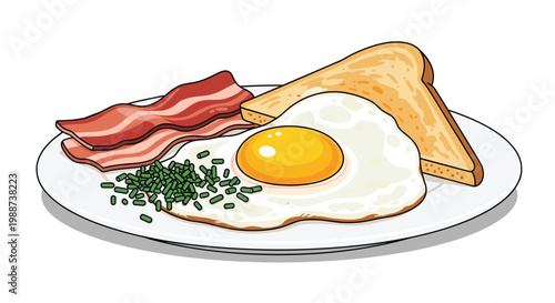 Classic breakfast platter features a perfectly fried egg, savory crispy bacon strips, and a slice of golden toast, elegantly garnished with fresh chives.