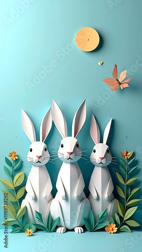 Three white rabbits in green grass.