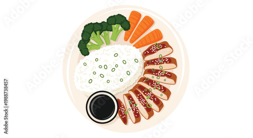 Balanced and delicious plate of chicken teriyaki is served with fluffy white rice, steamed broccoli, carrots, and a side of savory soy sauce, a complete meal.