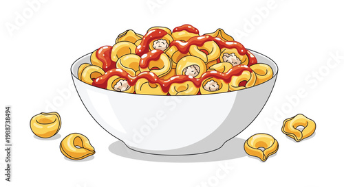 Generous bowl of delectable tortellini pasta is richly coated in a vibrant tomato sauce, with extra individual tortellini scattered around the dish, a hearty meal.