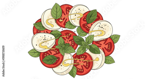 Beautiful circular arrangement of classic Caprese salad ingredients, featuring fresh sliced tomatoes, creamy mozzarella, and fragrant basil leaves, drizzled with olive oil.