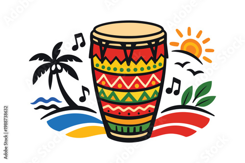 A colorful illustration of a tropical conga drum set in a festive sunny island beach landscape