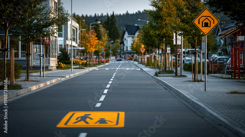 Urban road with school zone sign, pedestrian markings, and clear sidewalk, highlighting safe driving near educational institutions and organized traffic environment concept.