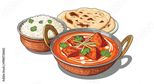 Appetizing Indian butter chicken, or paneer butter masala, is richly presented in a traditional copper bowl, accompanied by fluffy rice and fresh naan bread, a delightful meal.