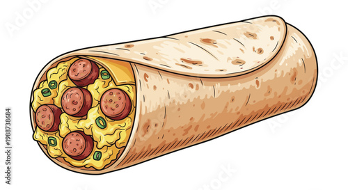 Hearty and flavorful breakfast burrito is packed with fluffy scrambled eggs, savory sausage links, melty cheese, and fresh green onions, a satisfying morning meal.