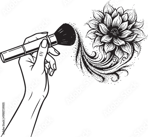 Hand holds brush creating flower from powder
