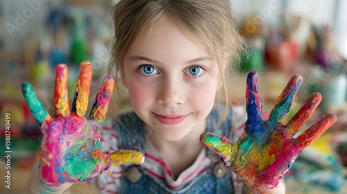 Happy young girl shows colorful painted hands. Little artist, concept of happy childhood and fun.