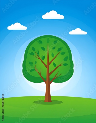 Tree on green hill with clouds.