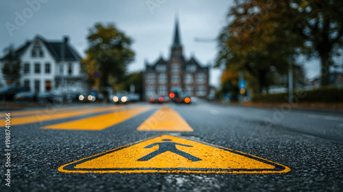 Urban street with school crossing sign and crosswalk, emphasizing pedestrian protection, traffic awareness, and structured educational neighborhood environment concept.
