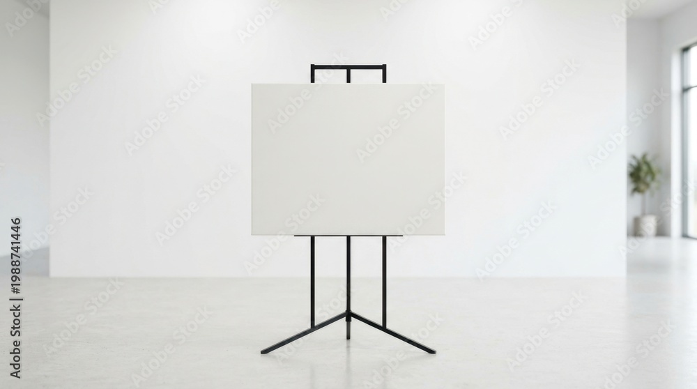 Fototapeta premium Empty rectangular canvas stretched on a sleek black metal stand, positioned in a bright neutral studio space with clean white walls, soft diffused overhead lighting creating subtle