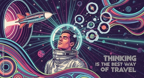 Astronaut in cosmic journey, contemplating planets and galaxies via mental space travel