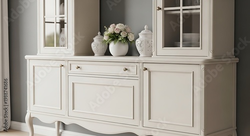 Elegant white cabinet with glass doors and decorative accents