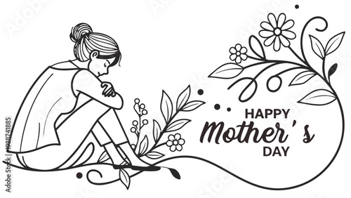 Happy Mother’s Day Sad Girl Line Art with Floral Elements Emotional Minimal Design