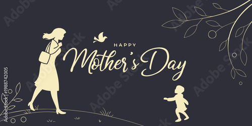 Happy Mother’s Day Silhouette Illustration Mom and Child Minimal Elegant Greeting Design