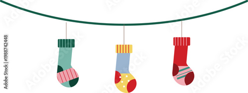 Christmas stockings hanging on a string vector, festive holiday socks garland, colorful winter seasonal decoration for greeting cards and banners