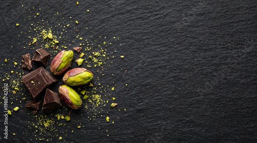 Dark chocolate and pistachios arranged on a black slate background  