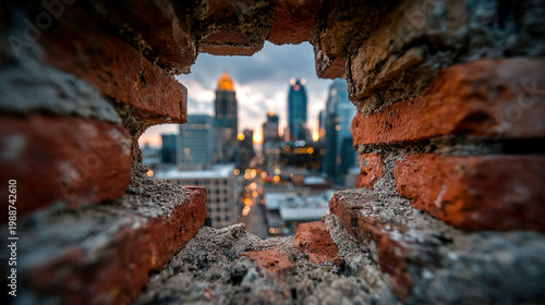 Urban vista viewed through brick wall, artistic framing, depth, and urban perspective, capturing architecture, cityscape, and artful creative composition for editorial or design work.