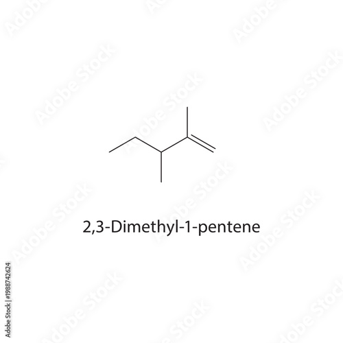 2,3-Dimethyl-1-pentene skeletal structure. alkene compound schematic illustration. Simple diagram, chemical formula.
