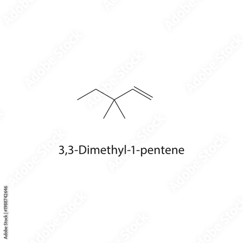 3,3-Dimethyl-1-pentene skeletal structure. alkene compound schematic illustration. Simple diagram, chemical formula.