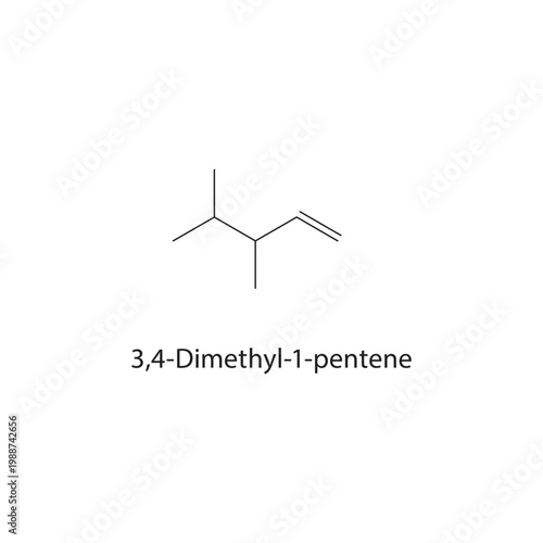 3,4-Dimethyl-1-pentene skeletal structure. alkene compound schematic illustration. Simple diagram, chemical formula.