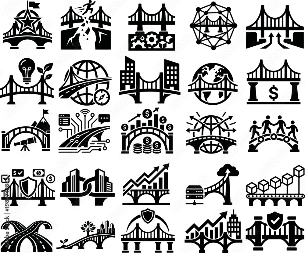 Naklejka premium Comprehensive bridge icon set featuring business connection, networking, global finance, teamwork, and technology concepts in black silhouette.