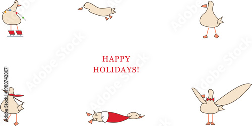 Whimsical Christmas bird character set, hand drawn winter holiday seagulls in various poses, funny festive bird vector illustrations for greeting cards