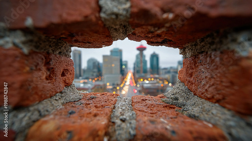 Urban vista viewed through brick wall, artistic framing, depth, and urban perspective, capturing architecture, cityscape, and artful creative composition for editorial or design work.