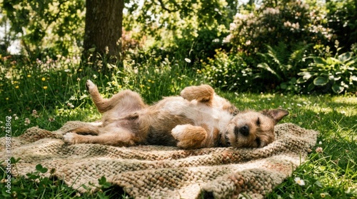 Terrier mix sunbathing on a soft woven outdoor blanket in a sunny garden clearing, belly exposed trustingly to warmth, four paws splayed in abandon, wildflowers and green grass