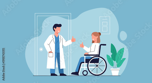 Doctor gives thumbs up to happy woman in wheelchair, recovery and healthcare concept