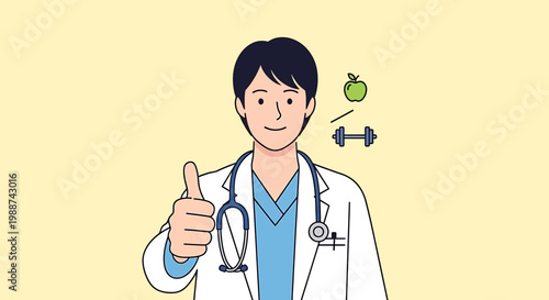 Doctor giving thumbs up with apple and dumbbell icons, promoting healthy lifestyle