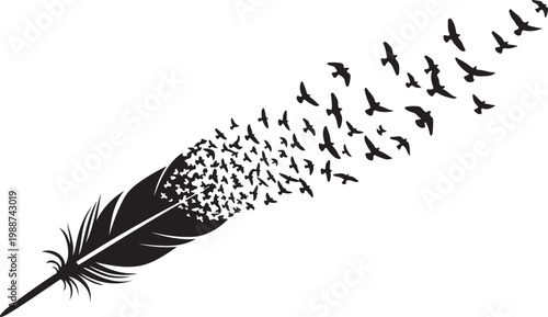 Vector art of black feather with flock of birds flying out of it