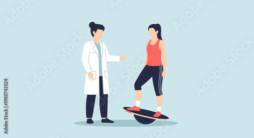 Doctor guiding patient on balance board for physical therapy and rehabilitation