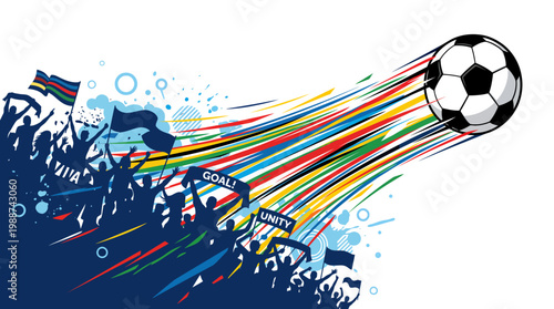 Dynamic Soccer Ball Flying with Vibrant Rainbow Trails Over Cheering Crowd Silhouette Vector Illustration for Sports Events