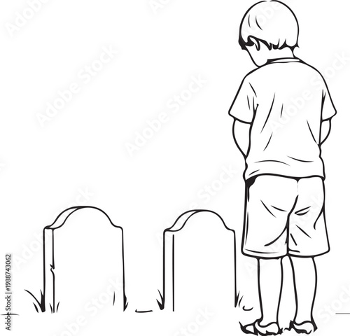 Vector art of a young boy standing alone in a cemetery looking at two gravestones