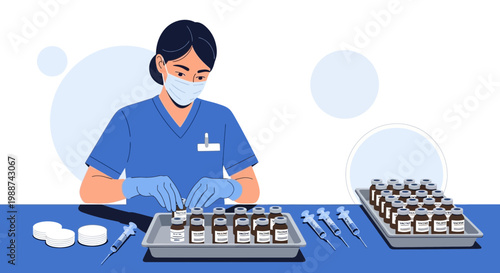 Nurse Preparing Vaccines and Syringes for Mass Vaccination Campaign