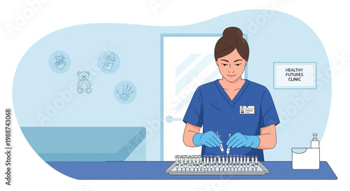 Nurse preparing vaccines in a clinic, healthy futures clinic sign in background