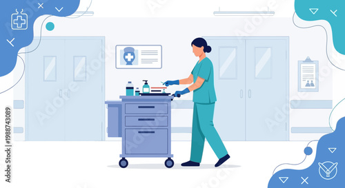 Nurse pushing medical cart in hospital corridor with blue and white abstract shapes