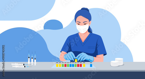 Nurse preparing vaccines, vials, syringes, medical supplies, healthcare, vaccination concept