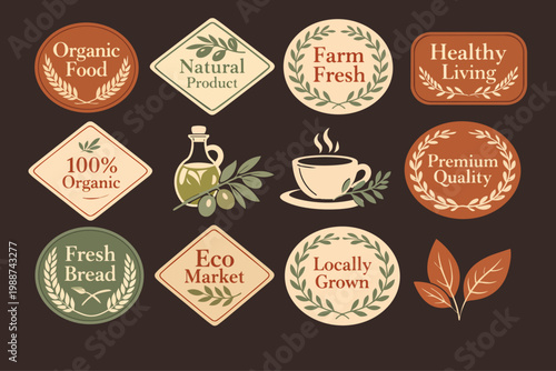 Organic Food and Drink Icon and Badge Set with Vintage Botanical Line Art on Dark Brown Background