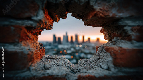 Urban vista viewed through brick wall, artistic framing, depth, and urban perspective, capturing architecture, cityscape, and artful creative composition for editorial or design work.