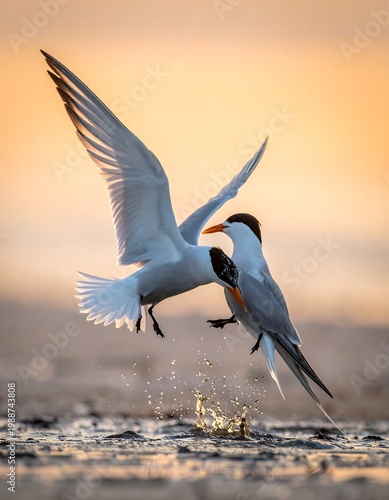 Two white birds fighting in water.