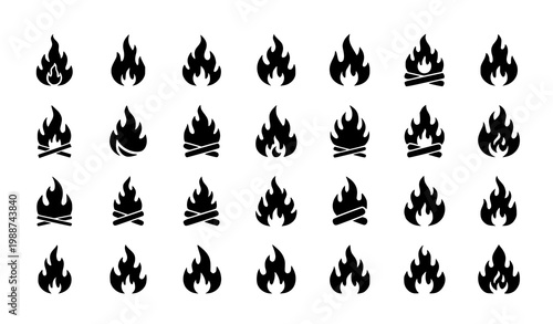 24 flame icons vector grid black fire shapes set illustration