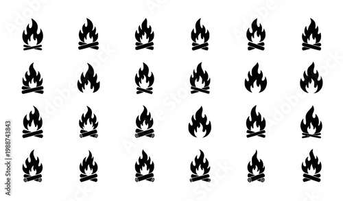 Black flame icon set vector grid 24 fire shapes isolated illustration