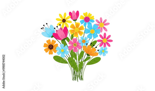 Colorful cartoon flower bouquet vector green stem cute floral design
