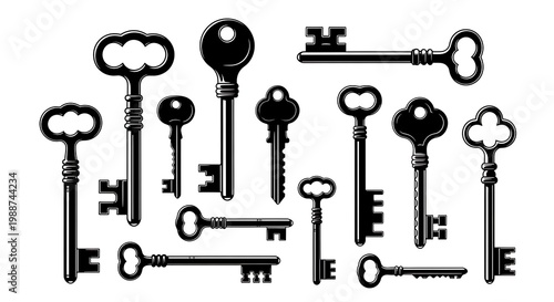 Assortment of ornate, antique, and modern keys, black on white background