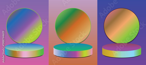 Three circular podiums with gradient colors stand in front of gradient backgrounds, showcasing a modern, abstract design suitable for product display or presentation