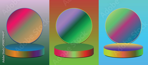 Abstract Gradient Pedestal Presentation Stages Featuring Circular Top Platforms with Vibrant Color Transitions Against Contrasting Backgrounds