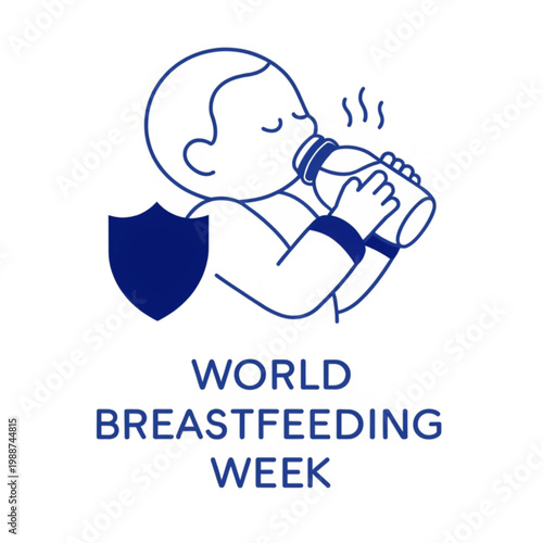 A minimalist vector graphic illustration of a baby bottle feeding with a shield symbol for World Breastfeeding Week.