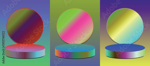 A trio of vibrant, circular displays with gradient coloring, set against a muted, pastel gradient background, showcasing modern design